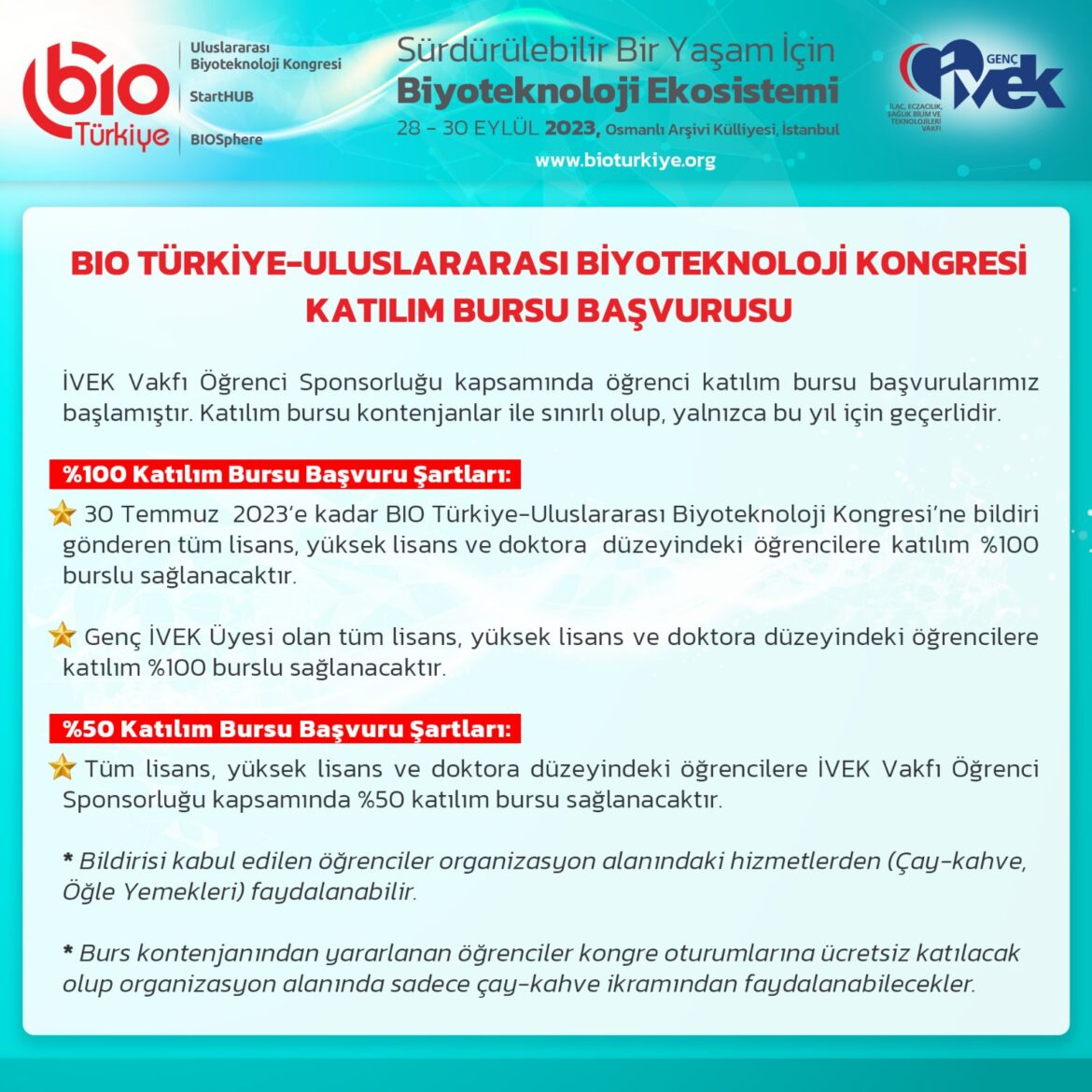 BIO Türkiye-Uluslararası Biyoteknoloji Kongresi Katılım Bursu Başvurusu